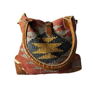 Jute & Leather Shoulder Bag Purse Western Woven Pattern Colorful Aztec Handcraft